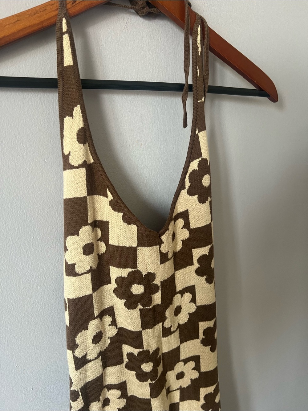 Floral Check Knit Mini Dress in Cream and Brown - Picture 2 of 6